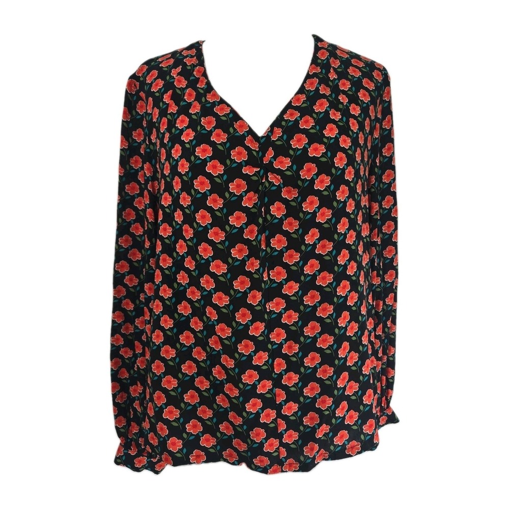 LOUCHE Irena-Peach Pansy Black Red Floral Viscose Long‎ Sleeve Blouse US Size 12